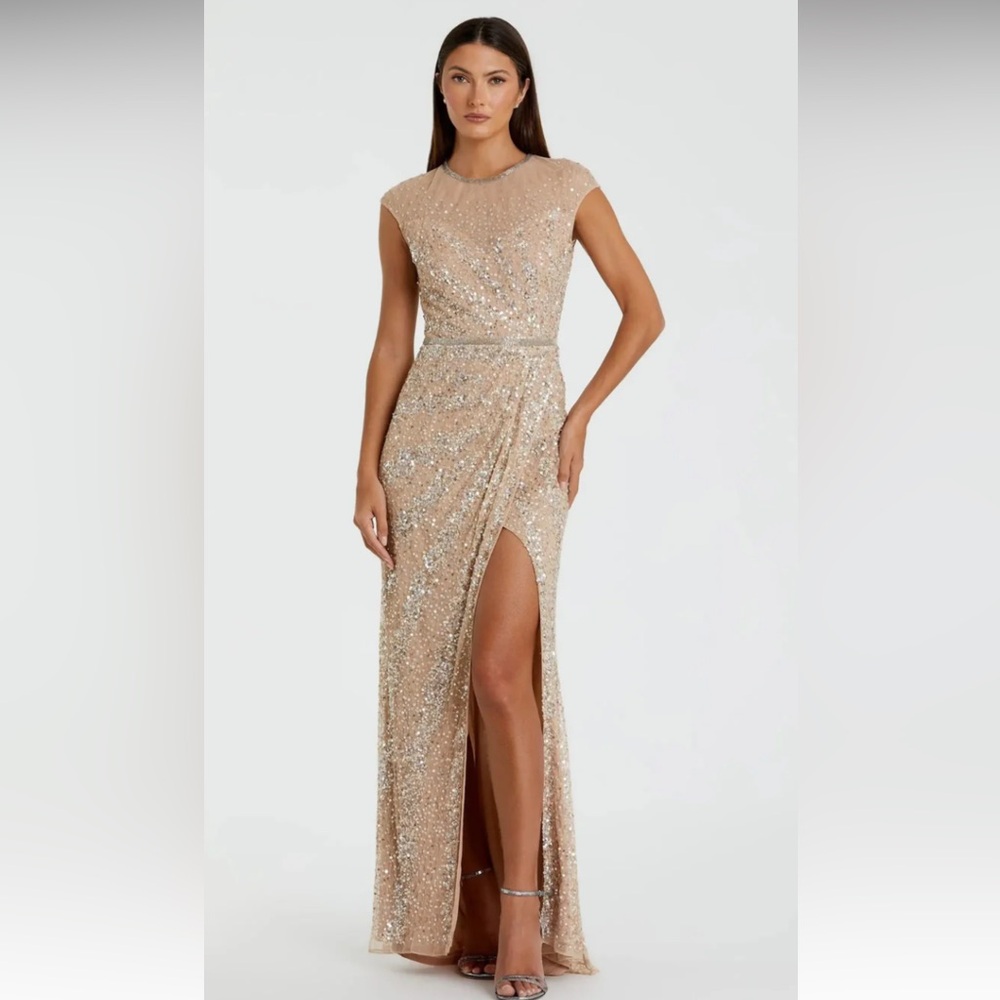 Mac Duggal Beige embellished high neck cap gown sleeve gown size 12